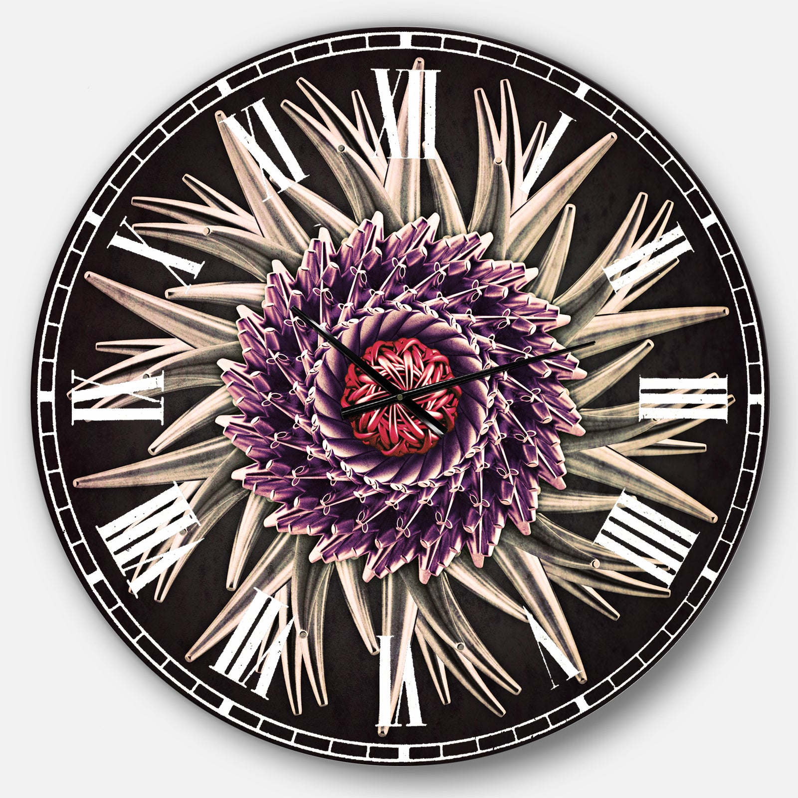 Purple Abstract 3D Flower on Black - Flowers Large Wall CLock