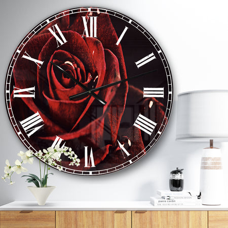 Red Rose with Raindrops on Black - Flowers Large Wall CLock