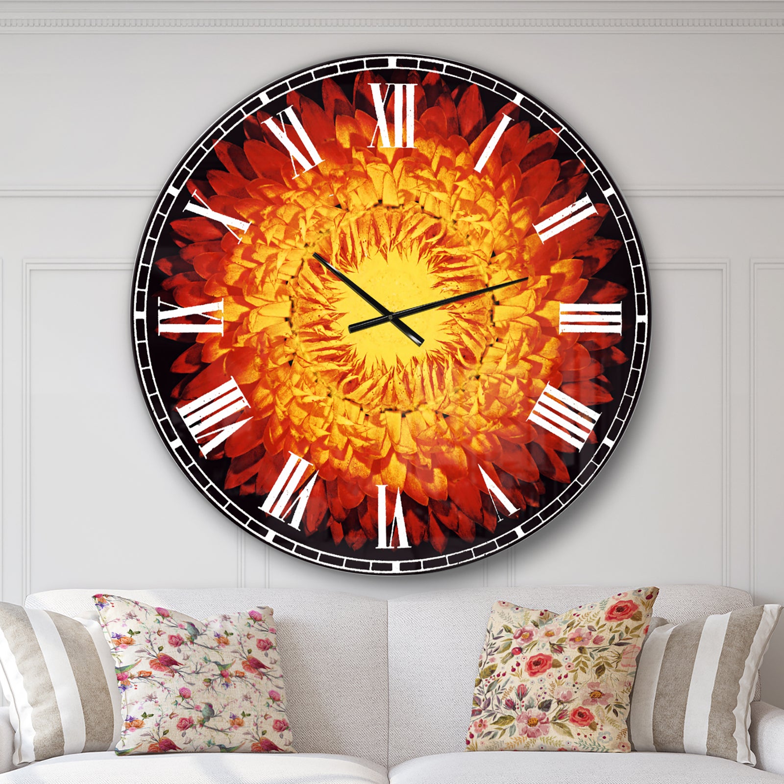Everlasting Straw Flower on Black - Oversized Floral Wall CLock