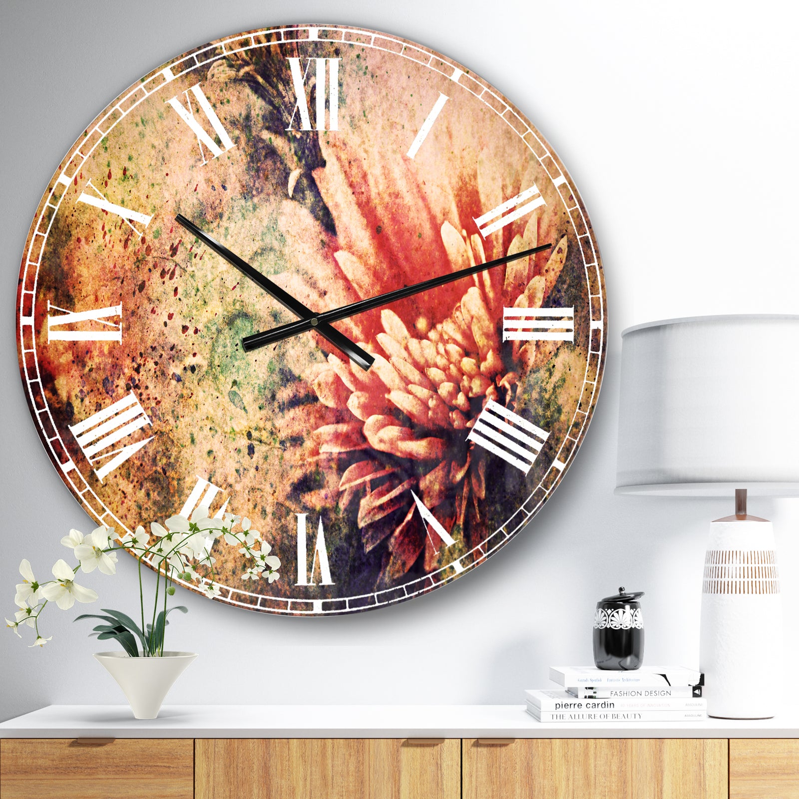 Grunge Art with Flower and Splashes - Flower Wall CLock