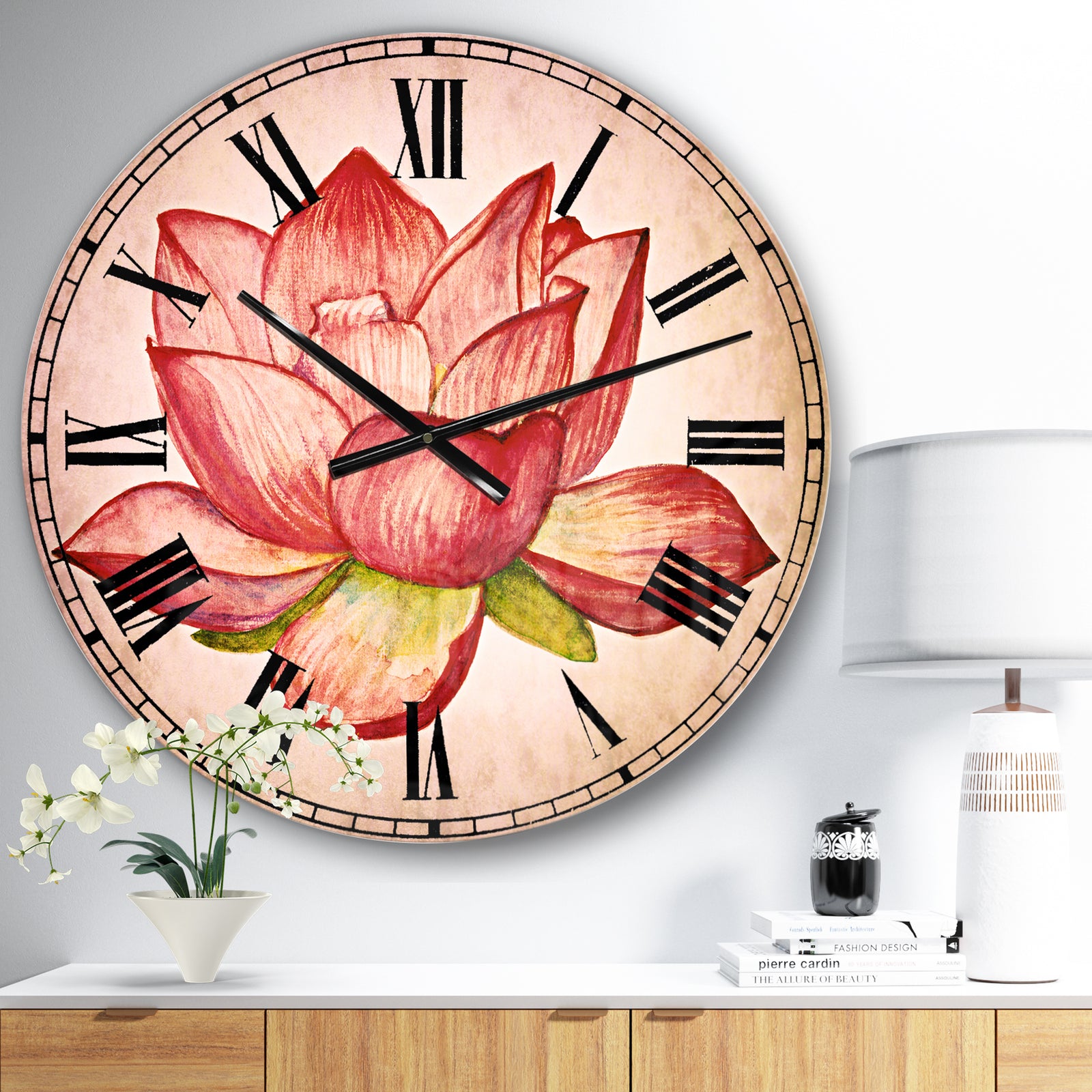 Pink Lotus Watercolor Illustration - Flower Large Wall CLock