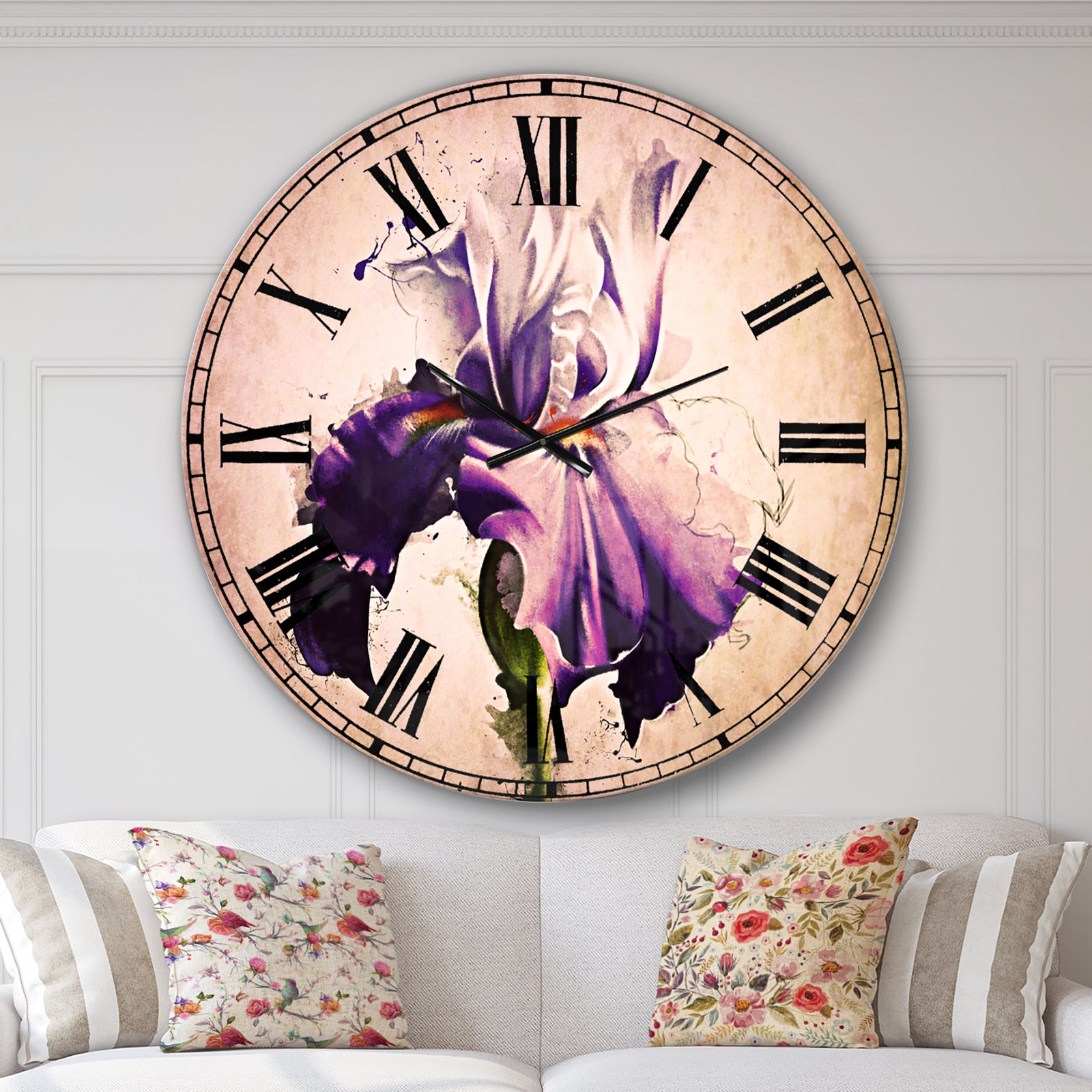 Beautiful Blue Iris Watercolor Sketch - Floral Large Wall CLock
