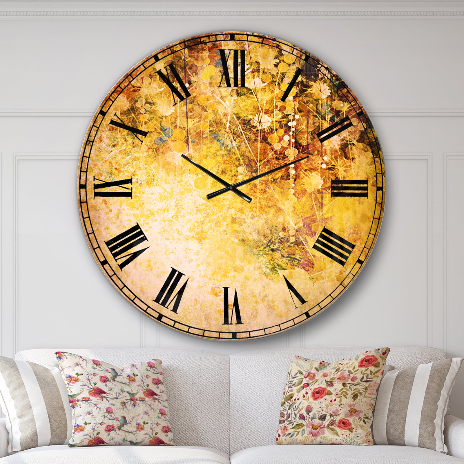White Flowers and Soft Color Leaves - Floral Large Wall CLock