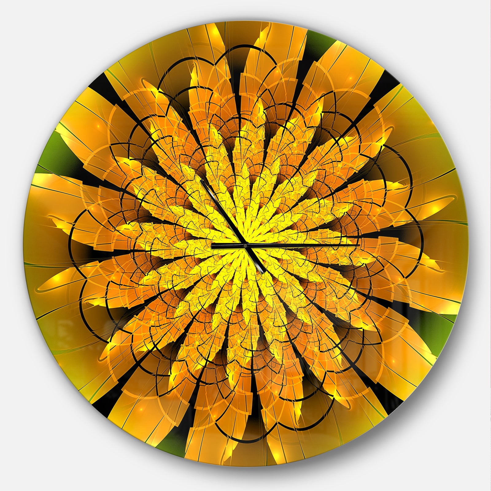 Bright Yellow Fractal Flower on Green - Oversized Modern Wall CLock