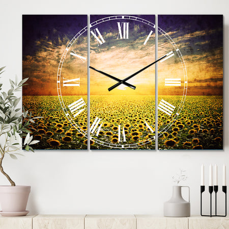 Beauty Sunset over Sunflowers Field - Cottage 3 Panels Large Wall CLock