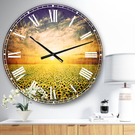 Beauty Sunset over Sunflowers Field - Oversized Floral Wall CLock