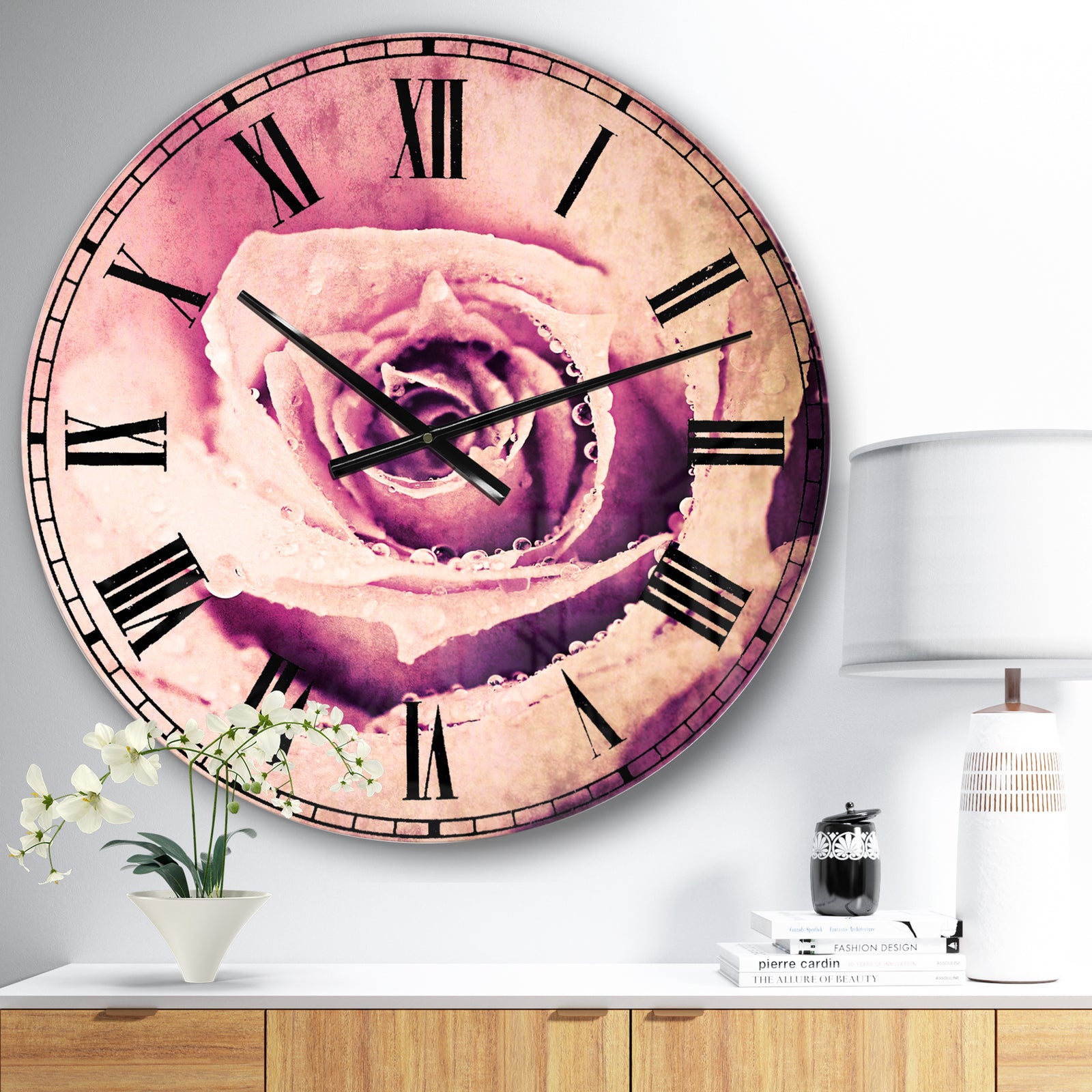 Purple Wet Rose Background - Flowers Large Wall CLock