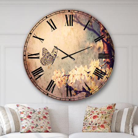 Vintage Butterfly and Cherry Tree - Floral Large Wall CLock
