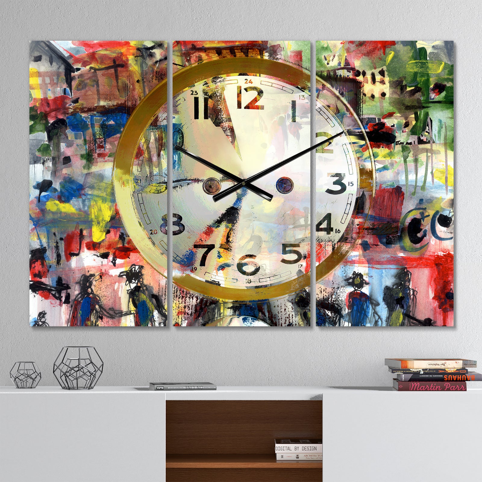 People and Time Acrylic Watercolor - Modern 3 Panels Oversized Wall CLock