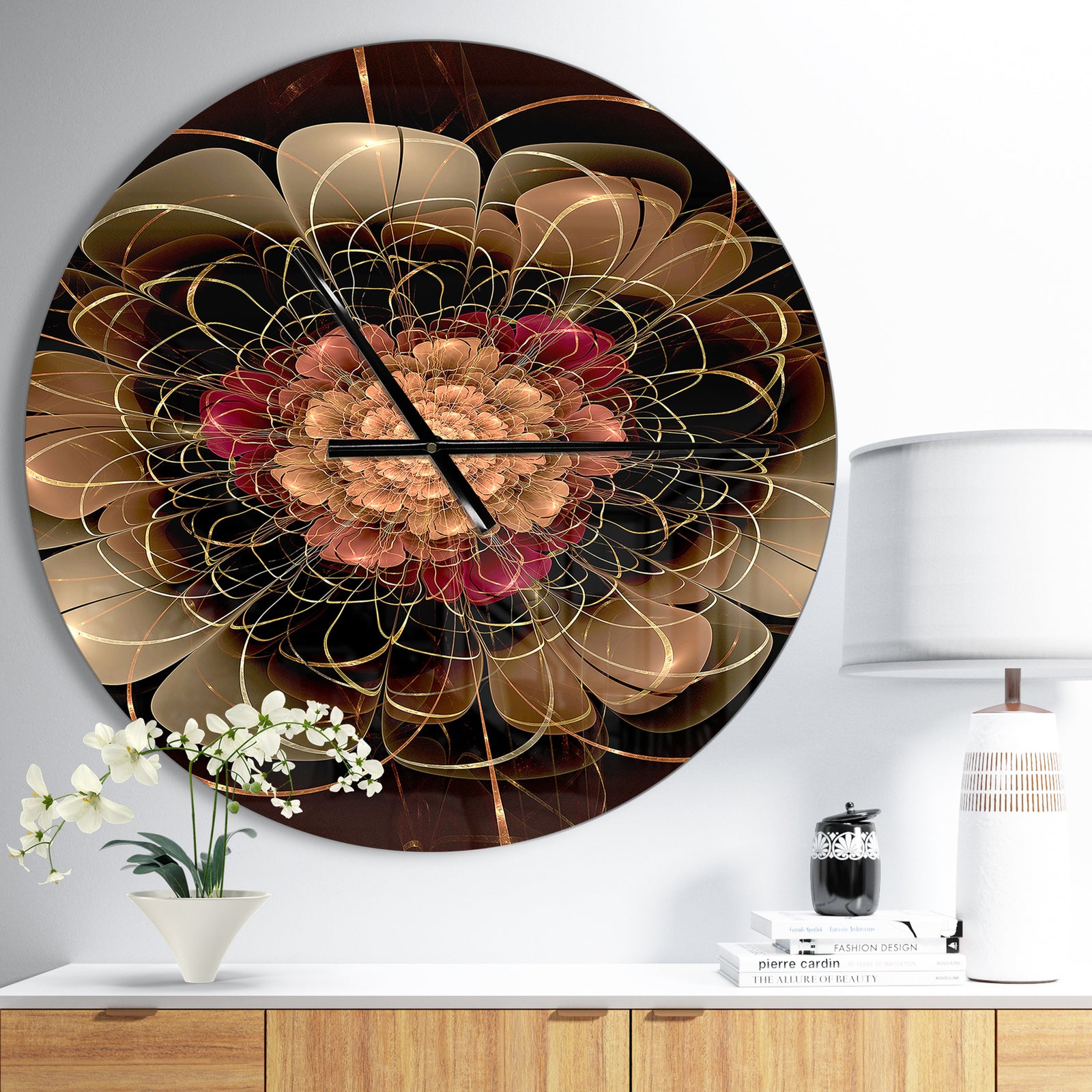 Dark Gold Red Fractal Flower Pattern - Oversized Floral Wall CLock