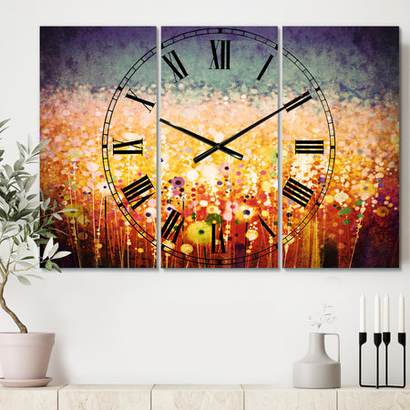 Abstract Flower Field Watercolor Painting - Cottage 3 Panels Large Wall CLock
