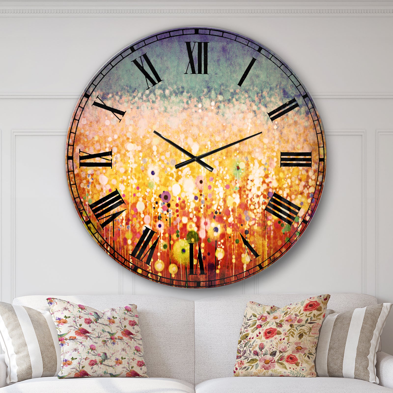 Abstract Flower Field Watercolor Painting - Floral Large Wall CLock