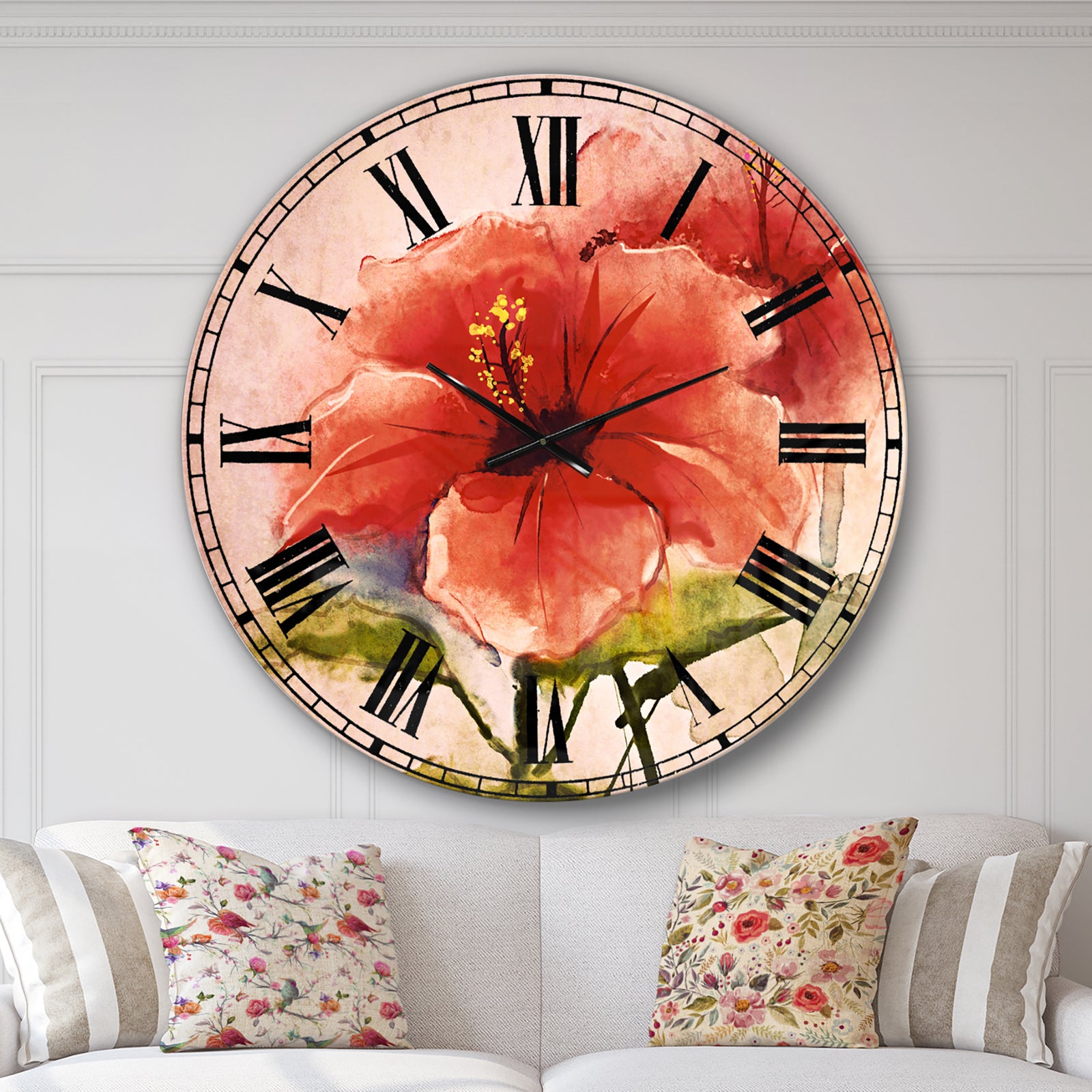 Watercolor Painting Red Hibiscus Flower - Floral Large Wall CLock