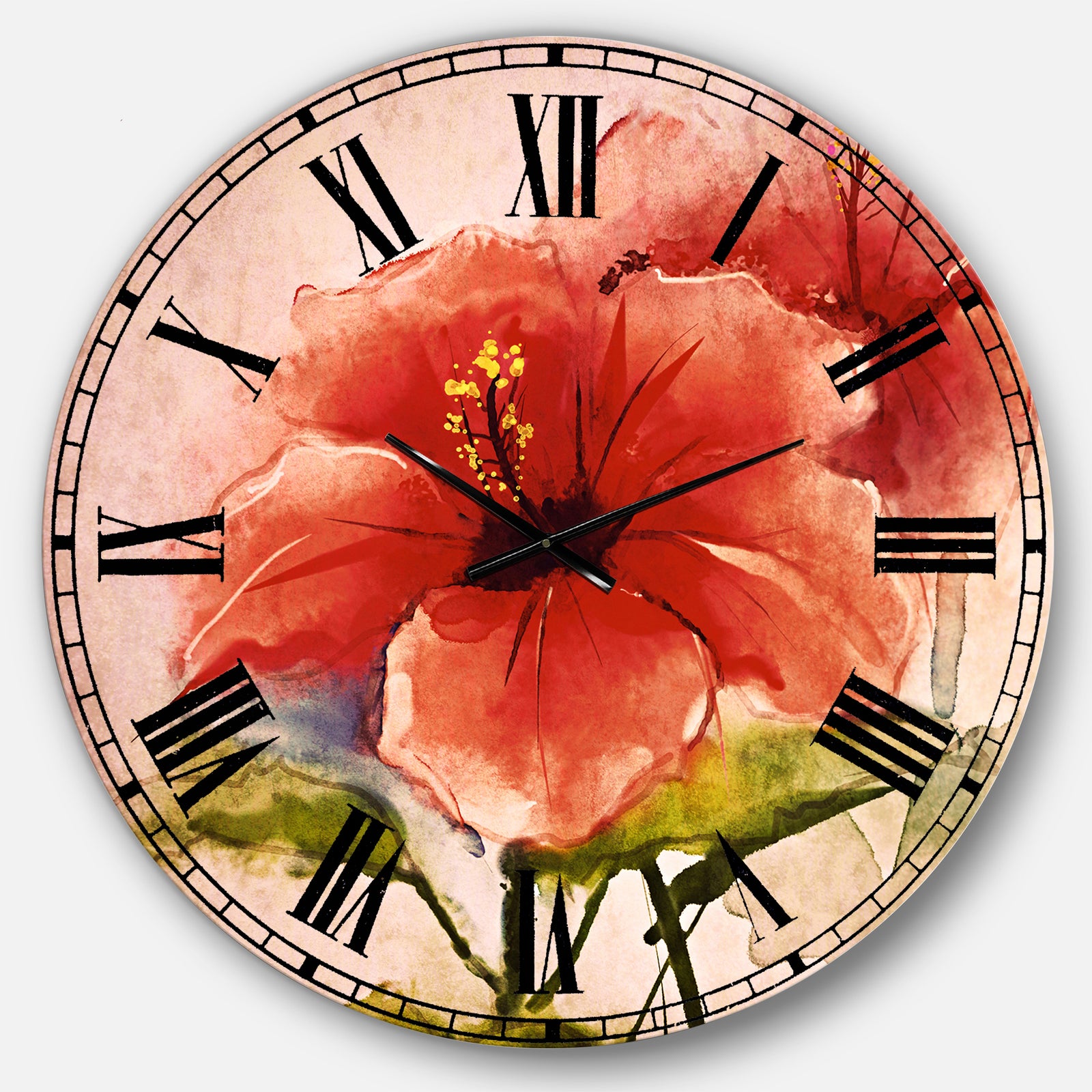 Watercolor Painting Red Hibiscus Flower - Floral Large Wall CLock