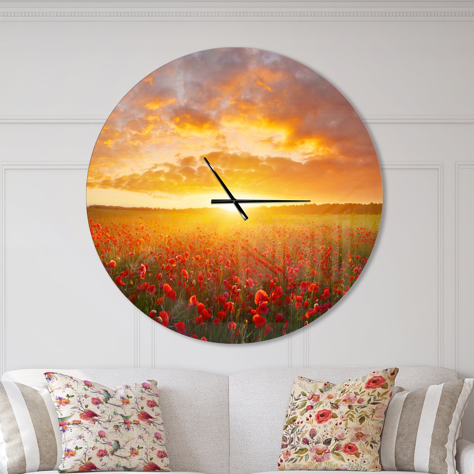 Poppy Field under Bright Sunset - Oversized Landscapes Wall CLock