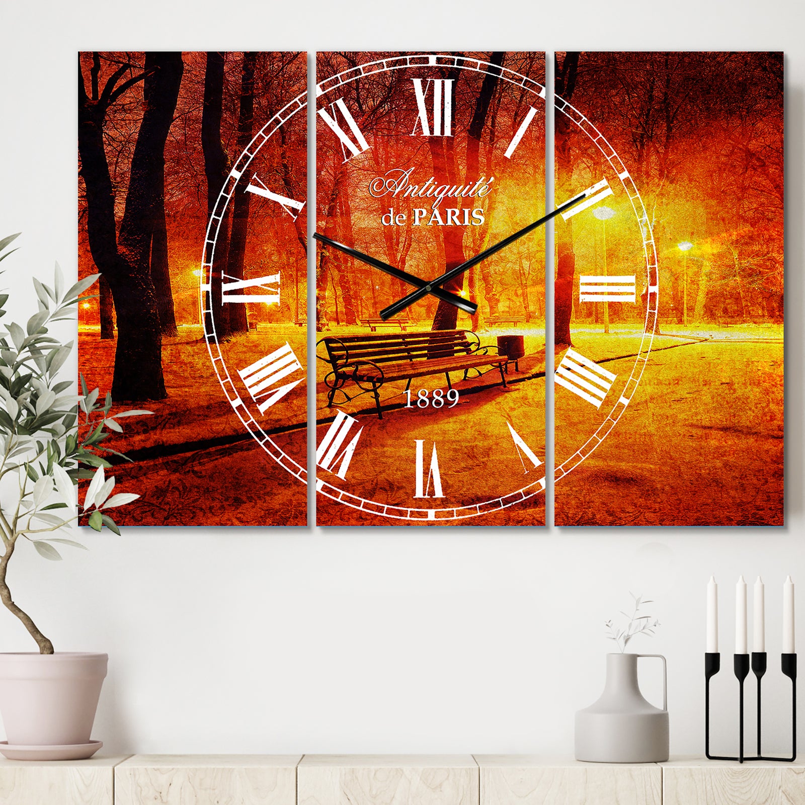 Benches Covered in Winter Snow - Cottage 3 Panels Oversized Wall CLock