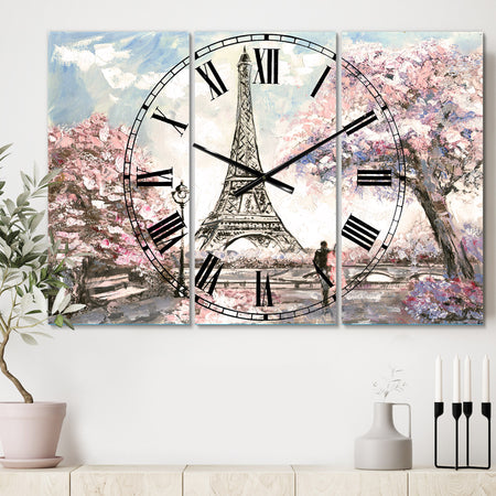 Eiffel with Pink Flowers - Cottage 3 Panels Oversized Wall CLock