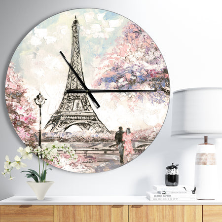 Eiffel with Pink Flowers - Oversized French Country Wall CLock
