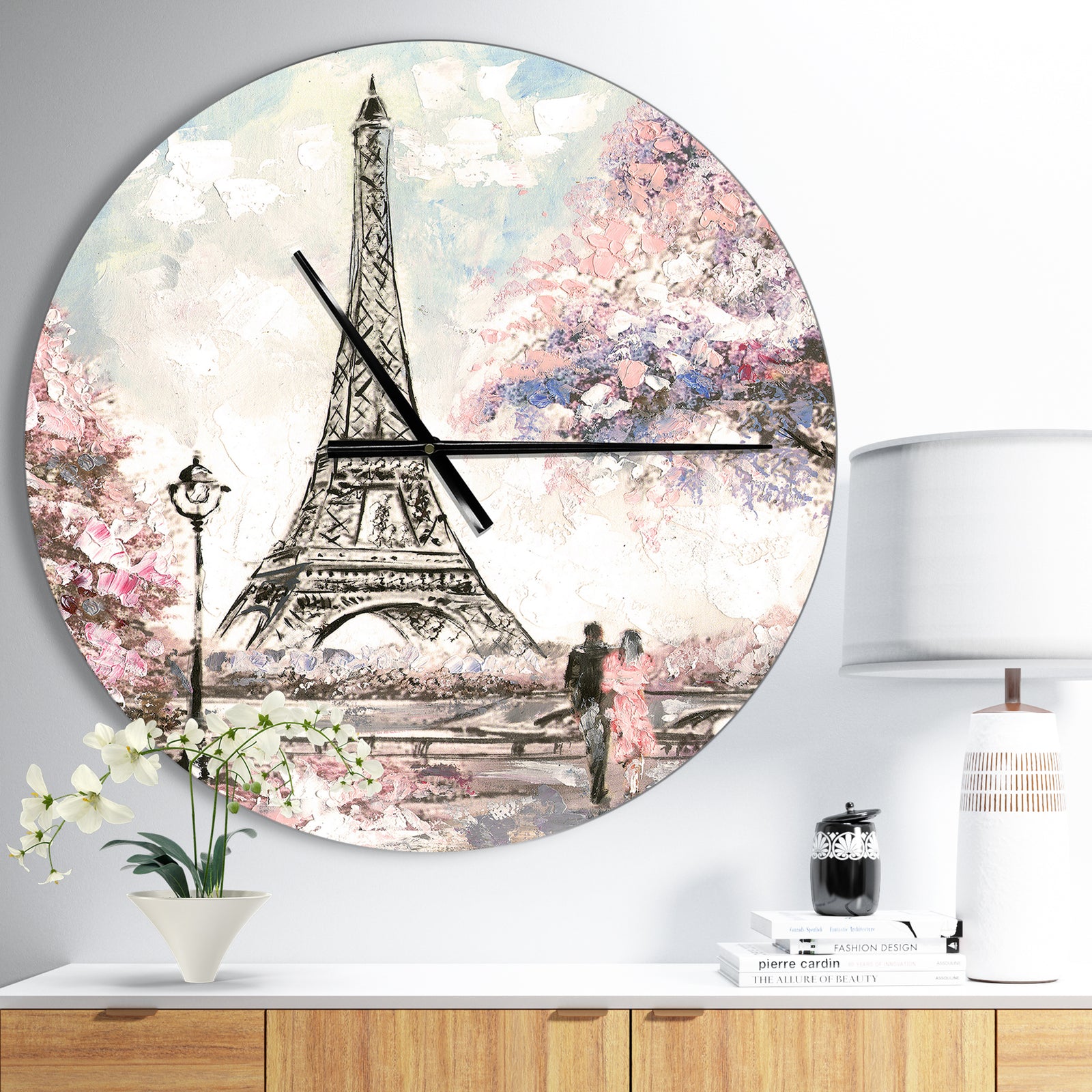 Eiffel with Pink Flowers - Oversized French Country Wall CLock
