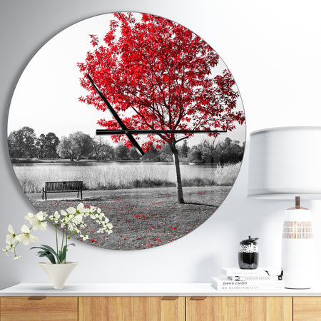 Red Tree over Park Bench - Large Floral Wall CLock