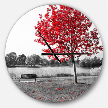 Red Tree over Park Bench - Large Floral Wall CLock