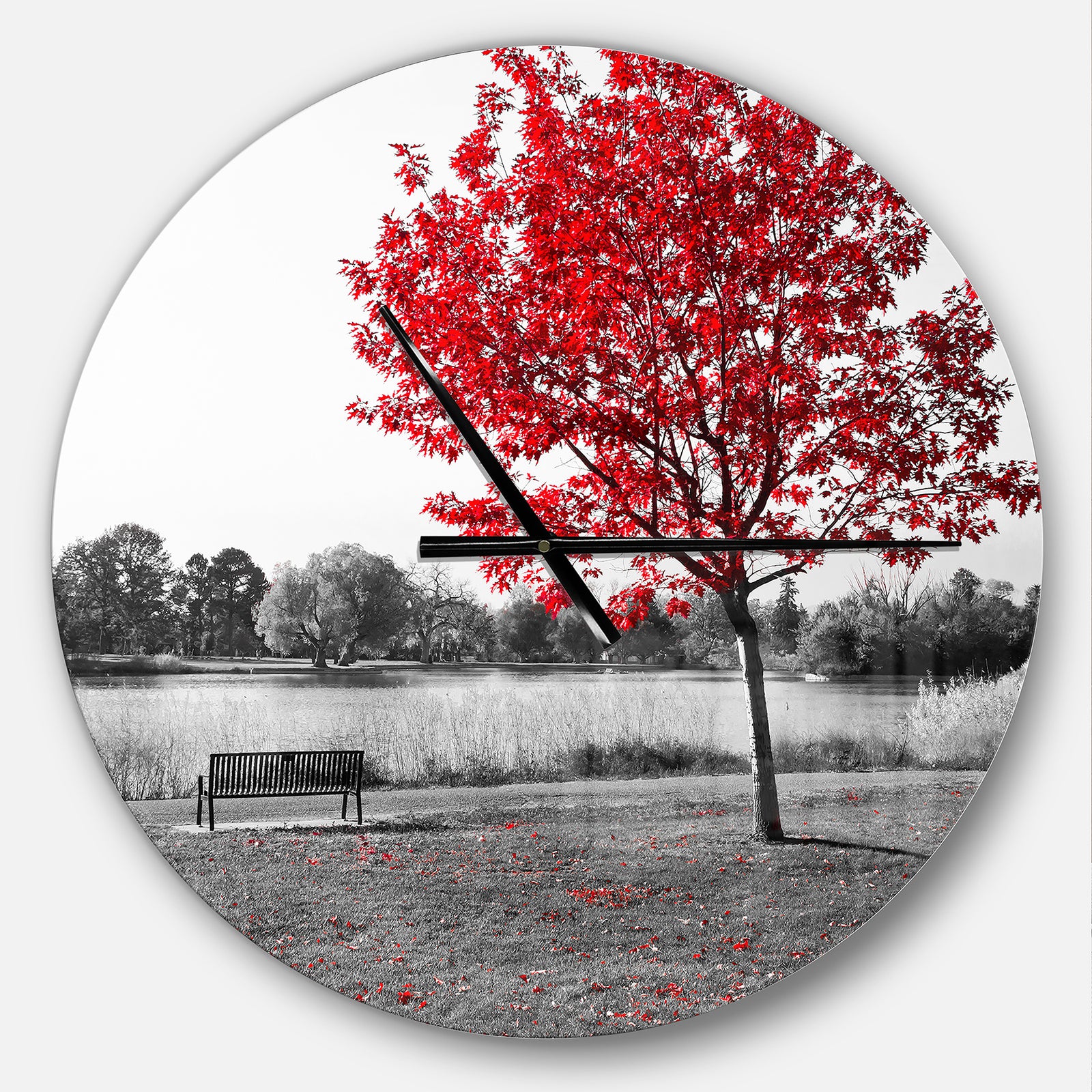 Red Tree over Park Bench - Large Floral Wall CLock