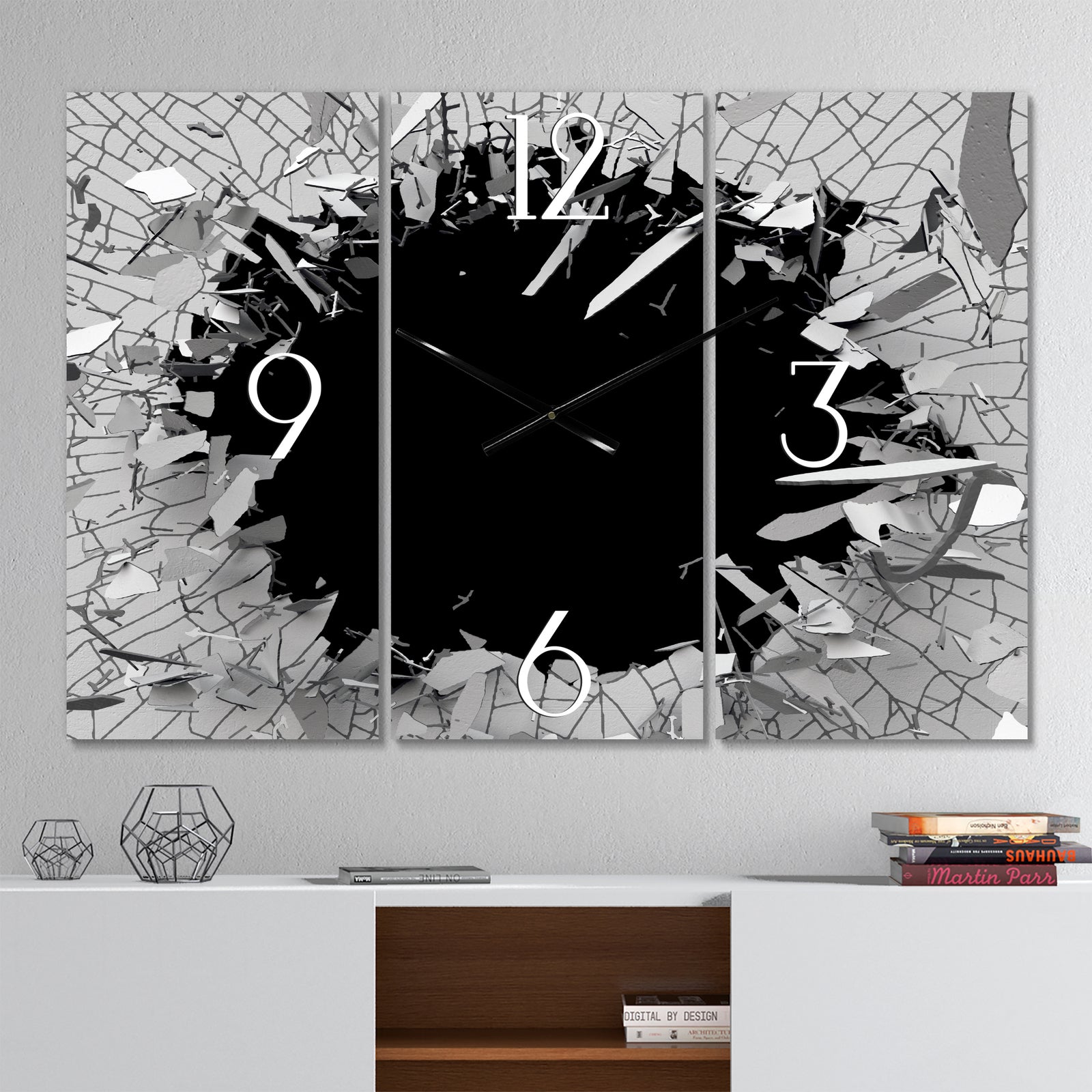 Strick & Bolton 'Abstract Broken Wall 3D Design - 3-panel Metal Clock