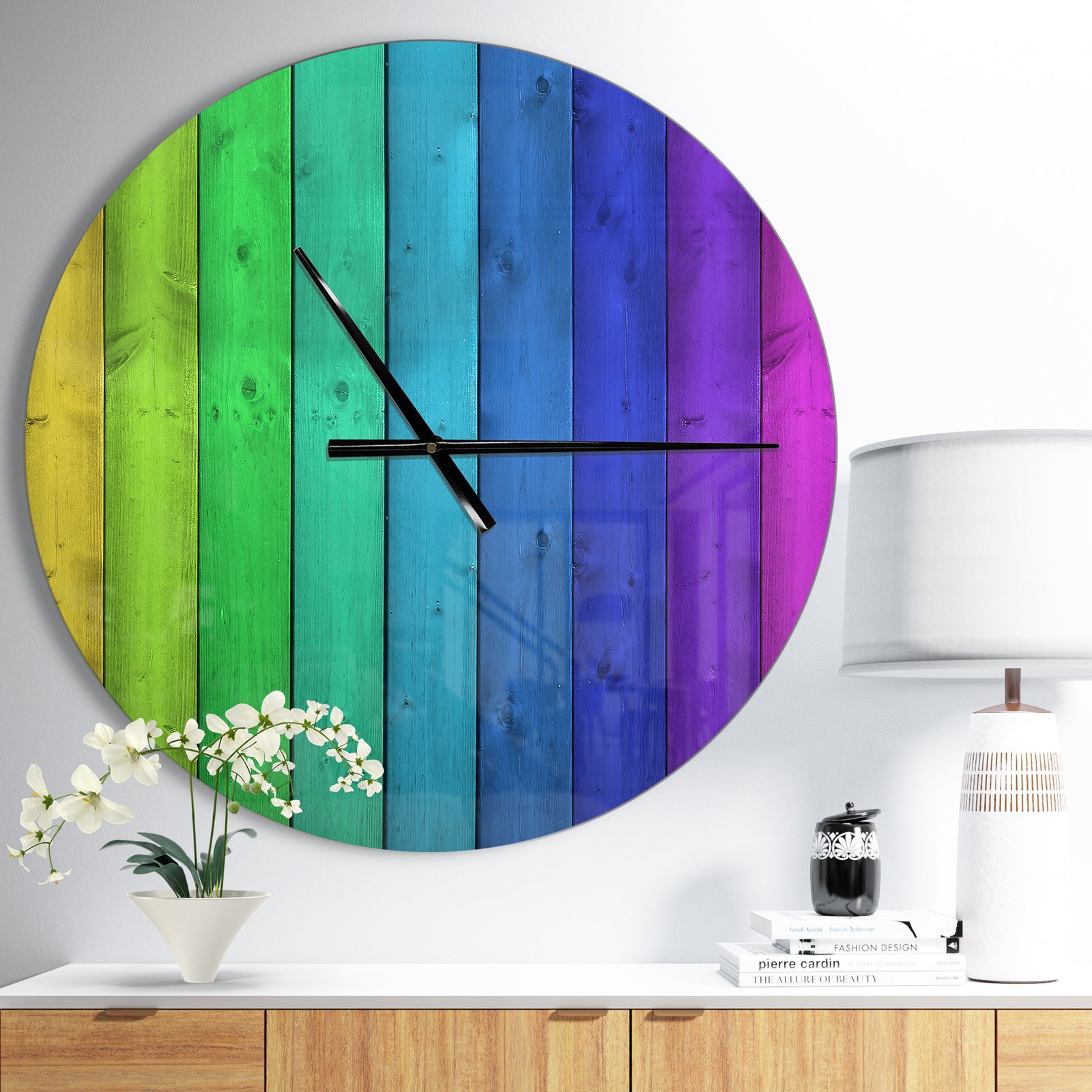 Rainbow Colors On Wooden - Oversized Modern Wall CLock