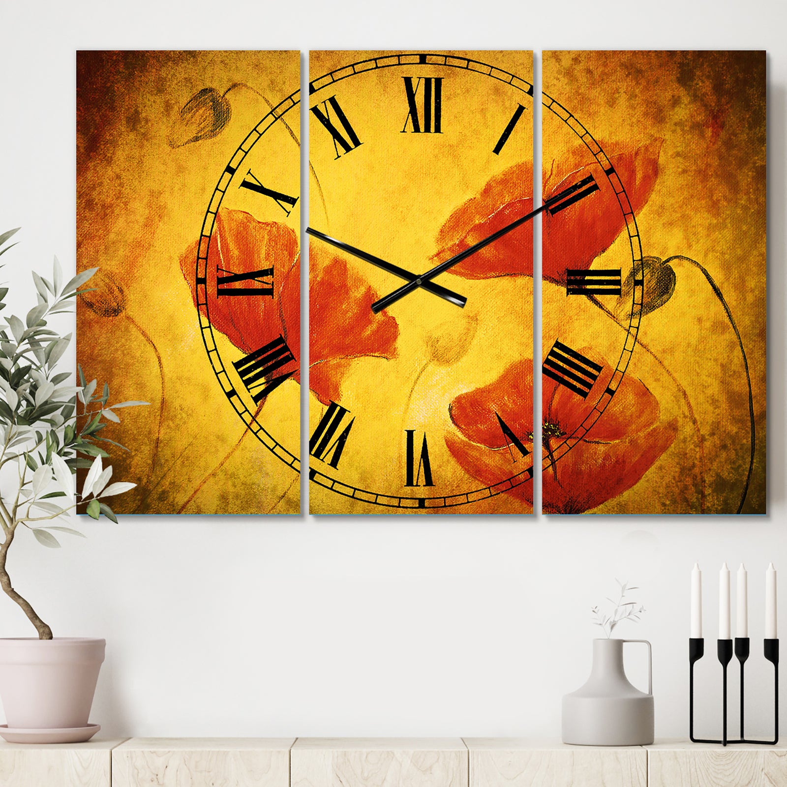 Red Poppy Flower - Cottage 3 Panels Oversized Wall CLock