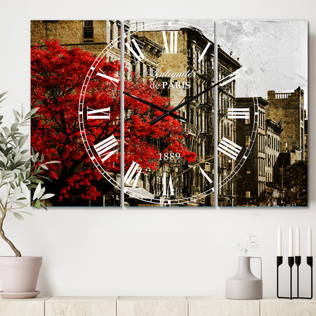 Red Tree on Black and White New York City Street - Cottage 3 Panels Large Wall CLock