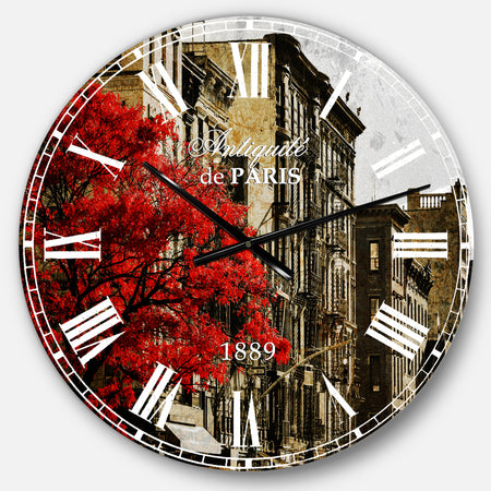 Red Tree on Black and White New York City Street - Floral Cityscapes Large Wall CLock