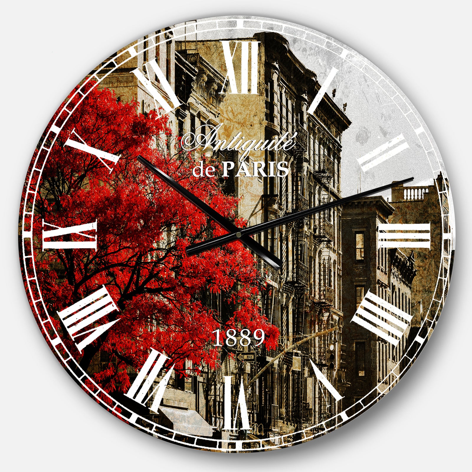 Red Tree on Black and White New York City Street - Floral Cityscapes Large Wall CLock