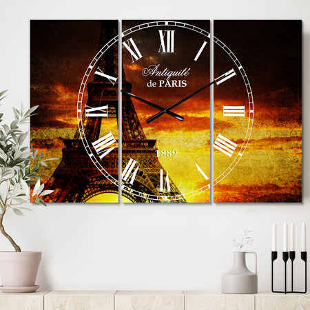 Sunset View with Paris Eiffel tower - Cottage 3 Panels Oversized Wall CLock
