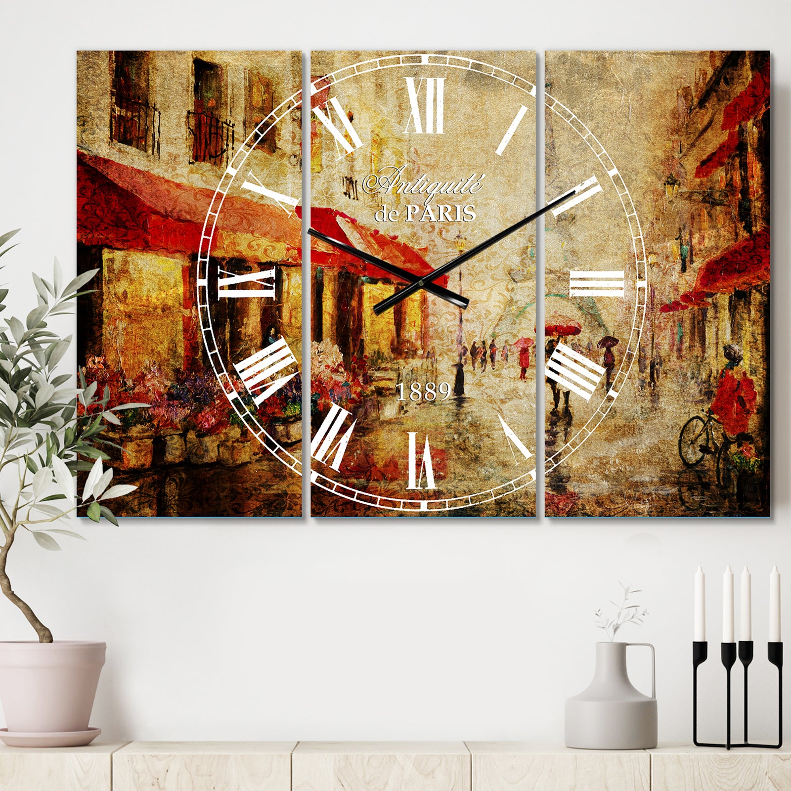 Lovers in Paris Eiffel Tower - Cottage 3 Panels Oversized Wall CLock