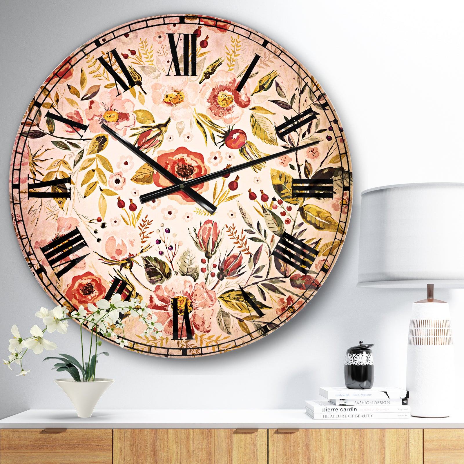 Hand drawn floral wreath - Floral Large Wall CLock
