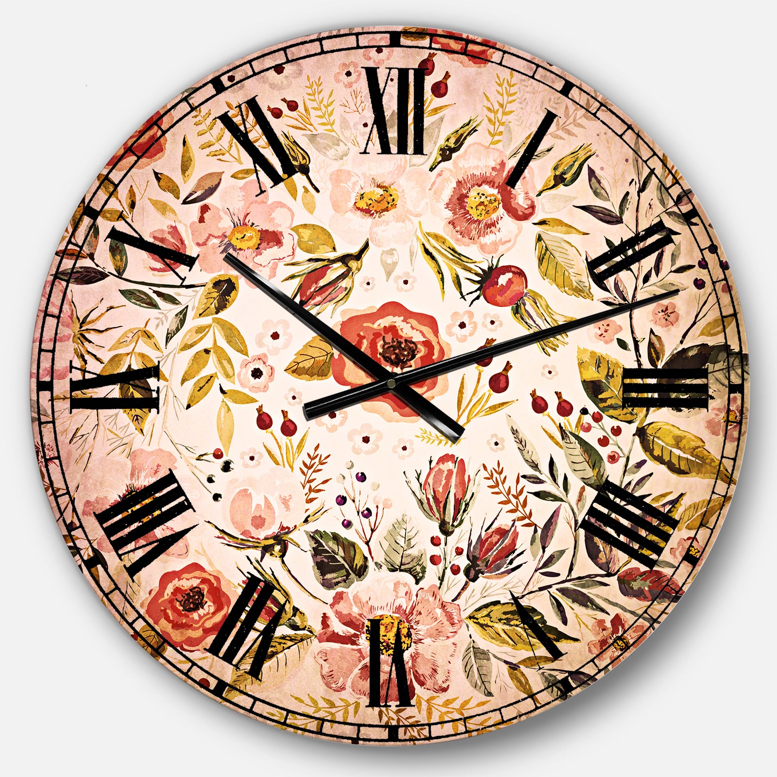 Hand drawn floral wreath - Floral Large Wall CLock