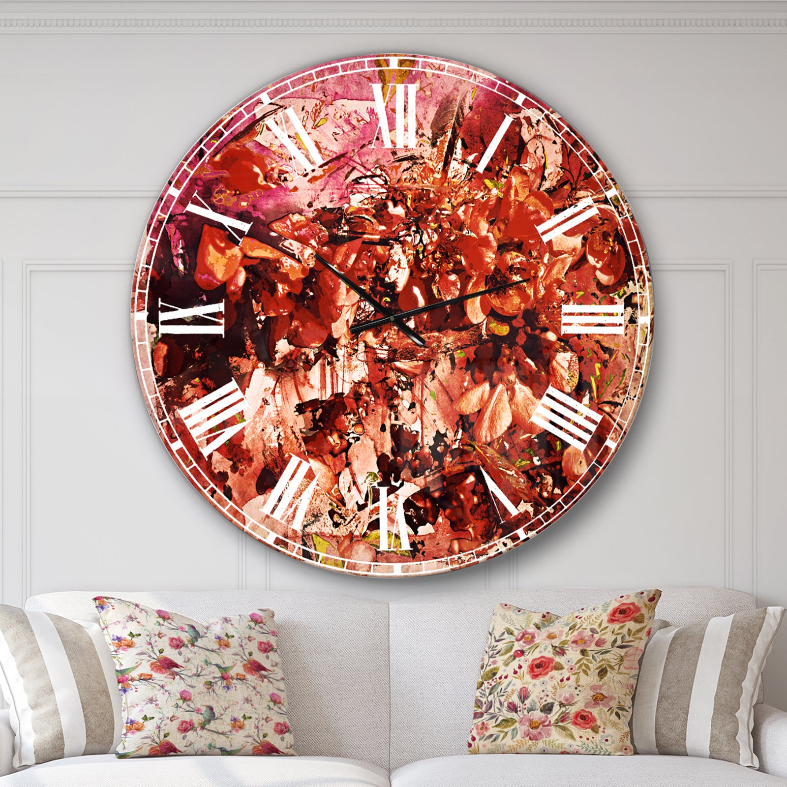Bouquet of Red Sakura Flowers - Floral Large Wall CLock on Wrapped Canvas