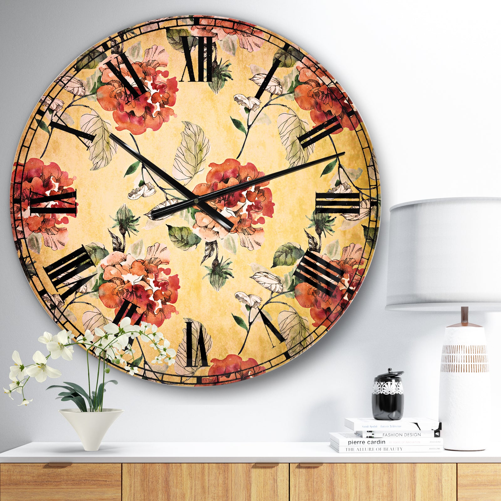 Red Rose in Yellow background - Floral Wall CLock
