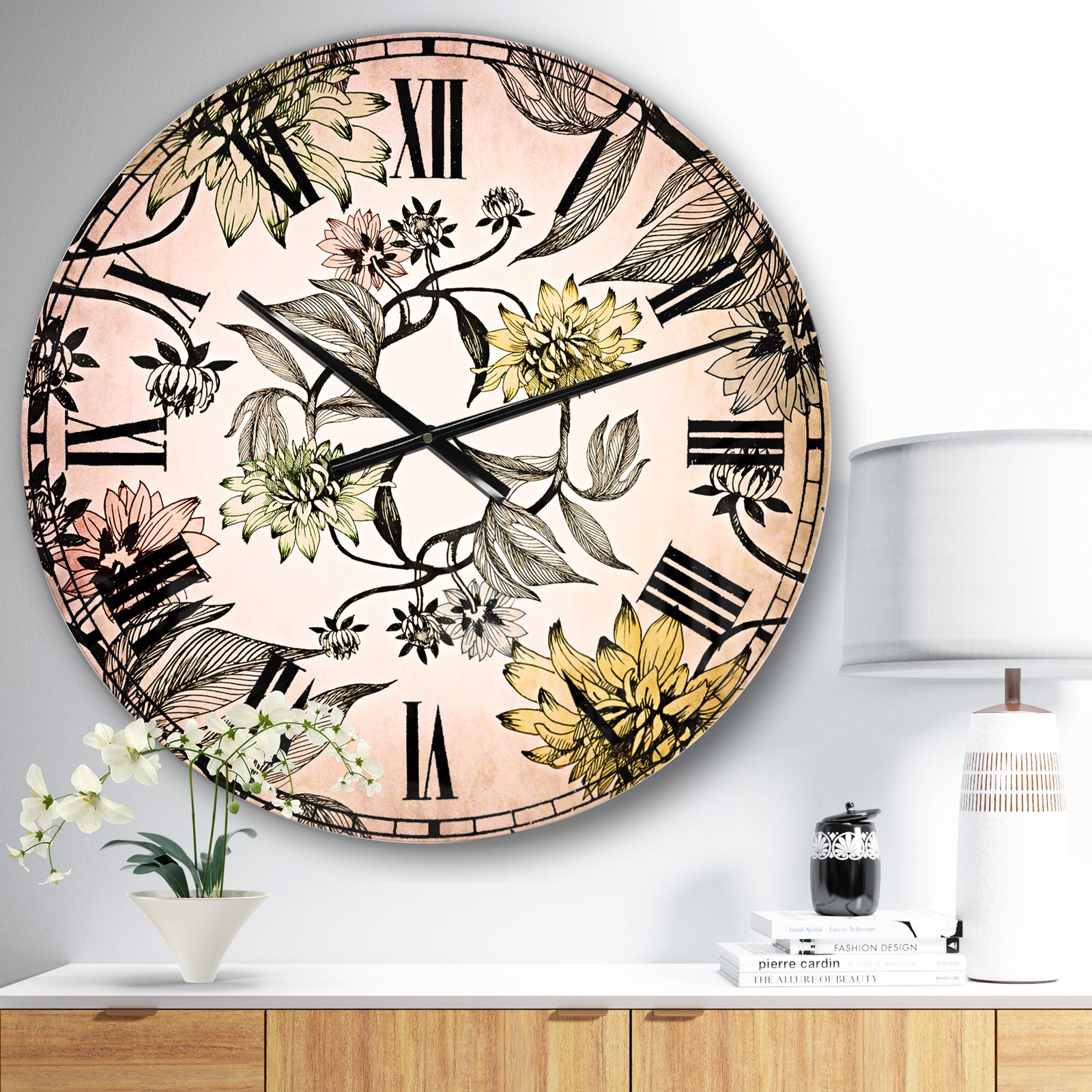 Hand drawn summer flowers - Floral Large Wall CLock