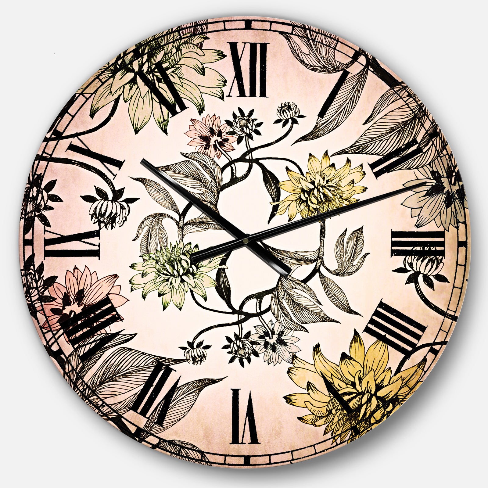 Hand drawn summer flowers - Floral Large Wall CLock