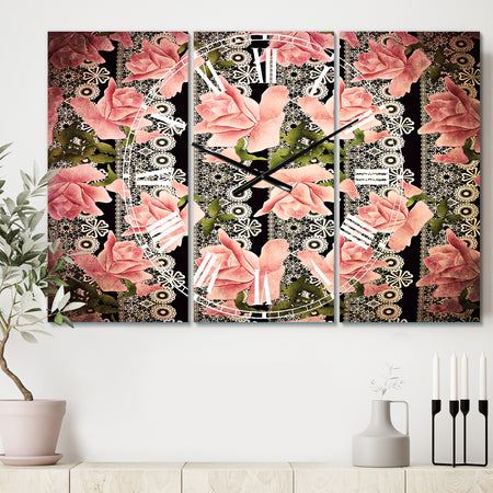 Black Lacy Roses Pattern - Cottage 3 Panels Large Wall CLock