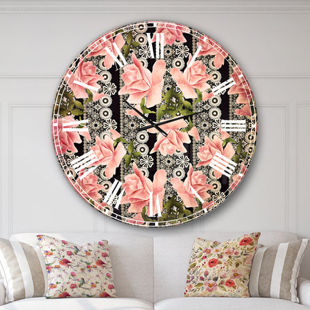 Black Lacy Roses Pattern - Digital Art Wall CLock