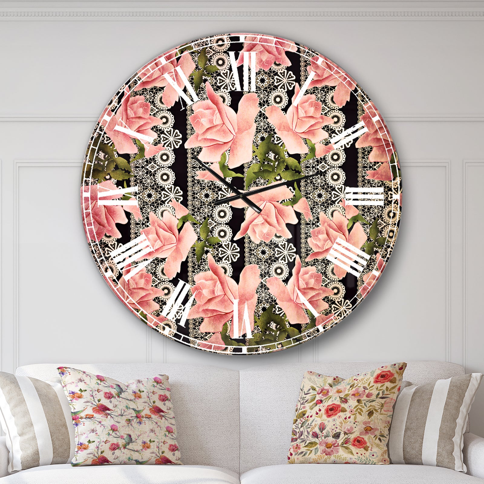 Black Lacy Roses Pattern - Digital Art Wall CLock