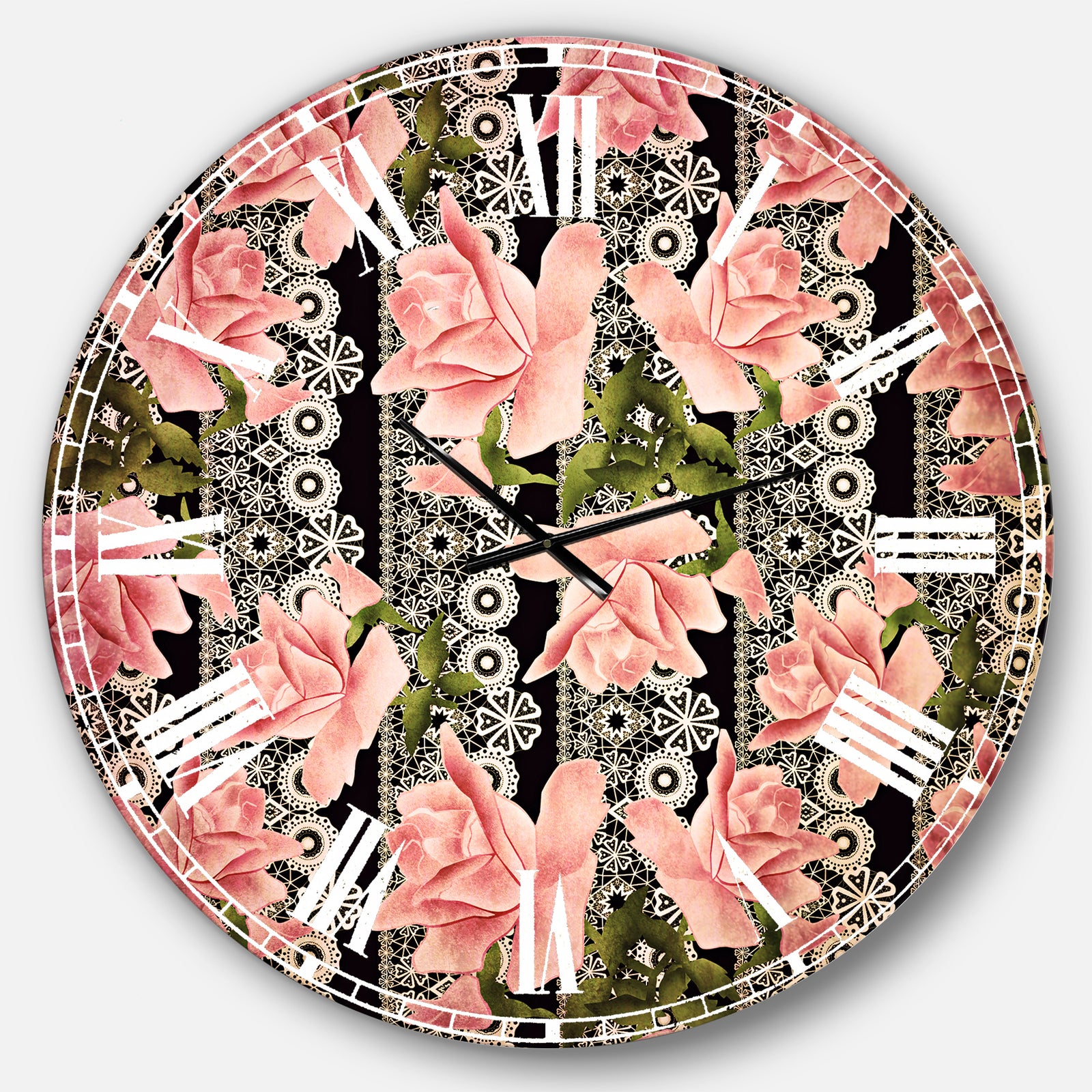 Black Lacy Roses Pattern - Digital Art Wall CLock