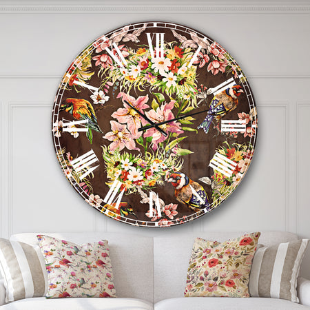 Colorful Birds and Flowers - Floral Large Wall CLock