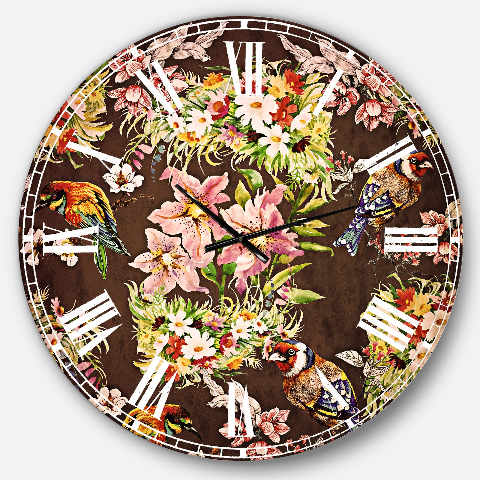 Colorful Birds and Flowers - Floral Large Wall CLock