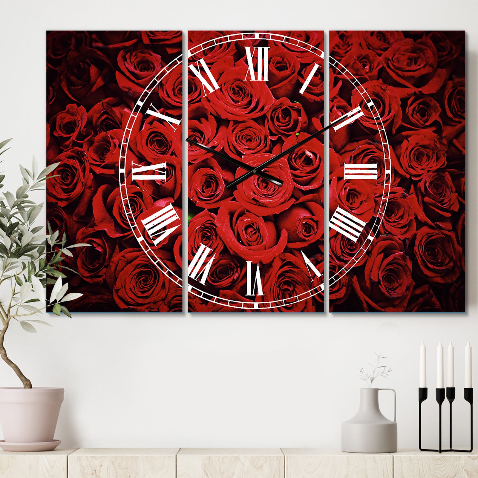 Winter Red Rose - Cottage 3 Panels Large Wall CLock