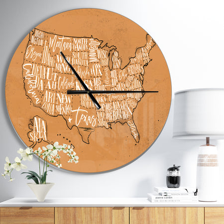 United States Yellow Vintage Map - Large Global Wall CLock