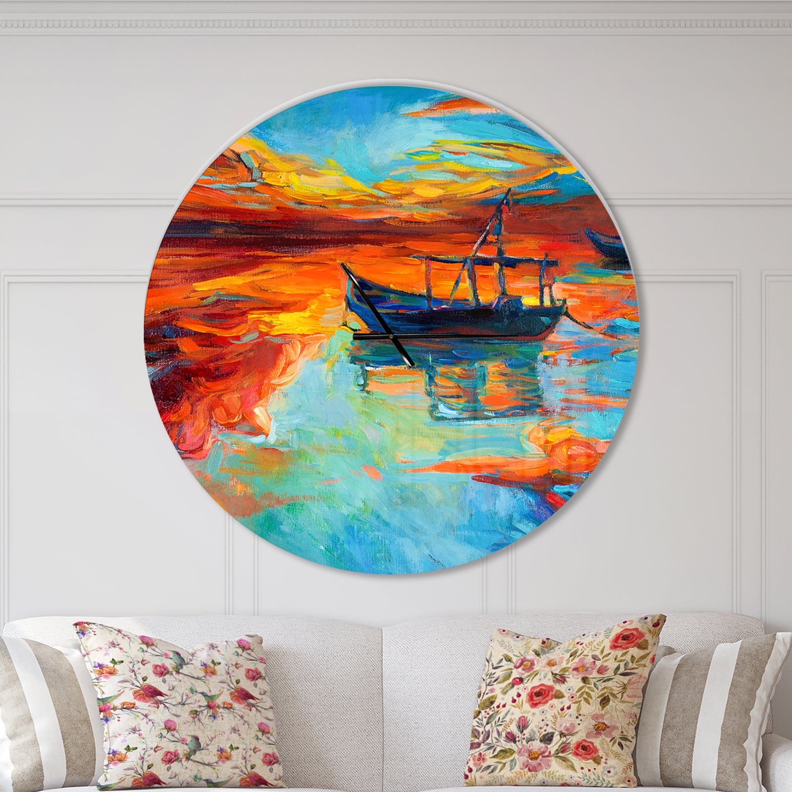 Fishing Sailing Boat at Red Sunset - Oversized Coastal Wall CLock