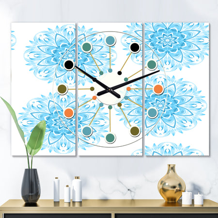 Circular Geometric In Blue - Oversized Mid-Century wall clock - 3 Panels